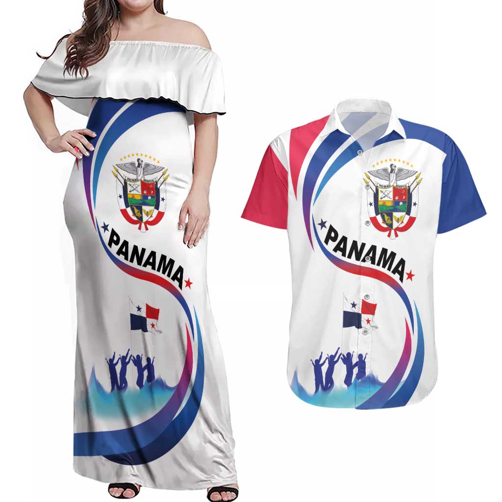 Panama Independence Day Couples Matching Off Shoulder Maxi Dress and Hawaiian Shirt Coat of Arms and Freedom - Wonder Print Shop
