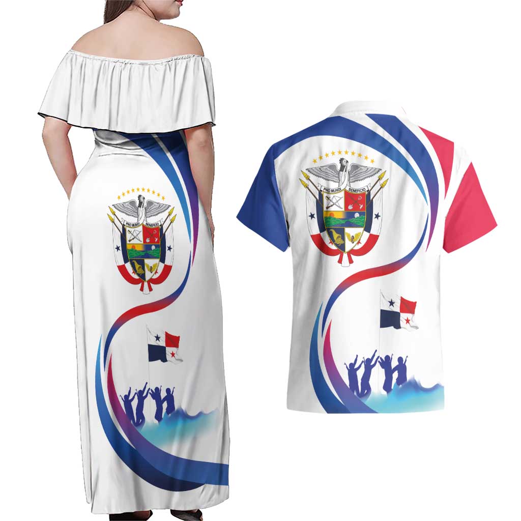 Panama Independence Day Couples Matching Off Shoulder Maxi Dress and Hawaiian Shirt Coat of Arms and Freedom - Wonder Print Shop