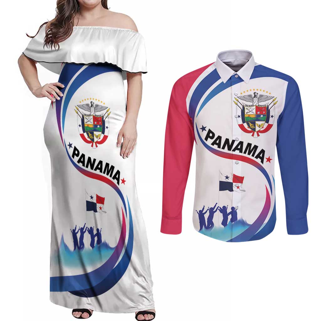 Panama Independence Day Couples Matching Off Shoulder Maxi Dress and Long Sleeve Button Shirt Coat of Arms and Freedom - Wonder Print Shop