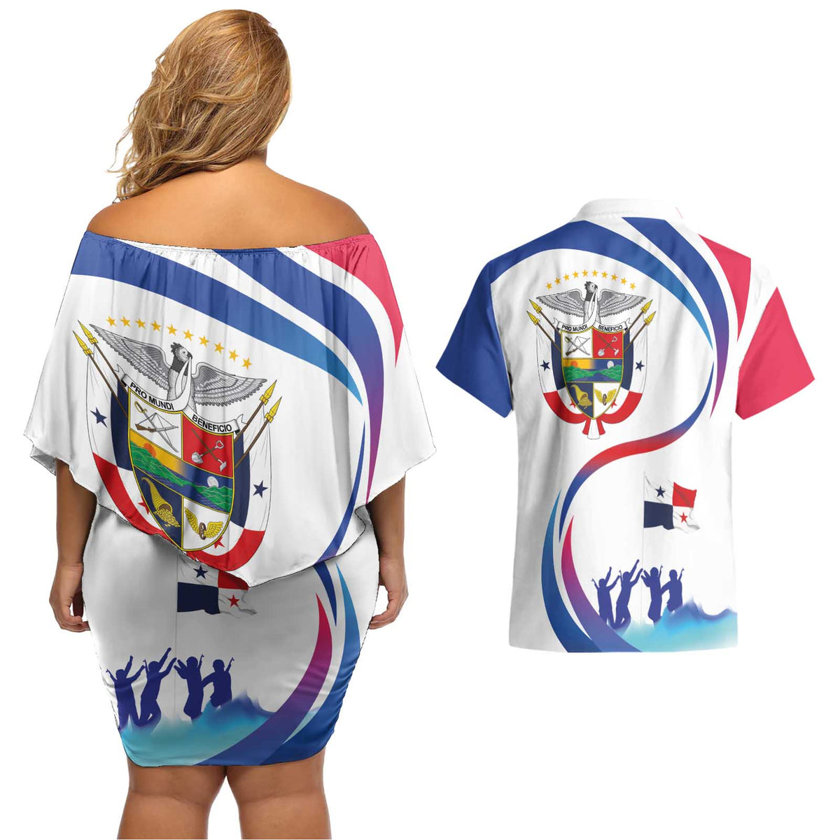 Panama Independence Day Couples Matching Off Shoulder Short Dress and Hawaiian Shirt Coat of Arms and Freedom - Wonder Print Shop