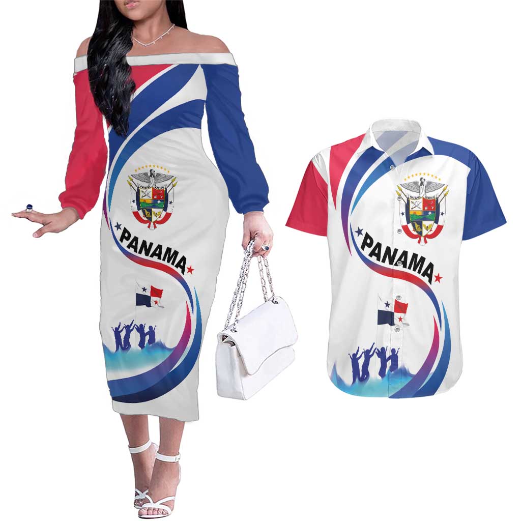 Panama Independence Day Couples Matching Off The Shoulder Long Sleeve Dress and Hawaiian Shirt Coat of Arms and Freedom - Wonder Print Shop