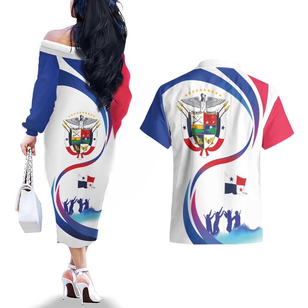 Panama Independence Day Couples Matching Off The Shoulder Long Sleeve Dress and Hawaiian Shirt Coat of Arms and Freedom - Wonder Print Shop