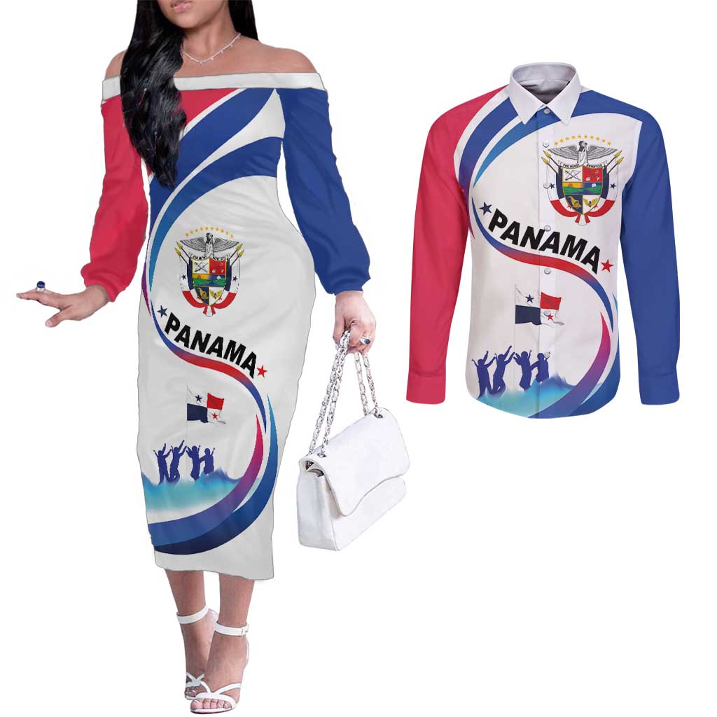 Panama Independence Day Couples Matching Off The Shoulder Long Sleeve Dress and Long Sleeve Button Shirt Coat of Arms and Freedom