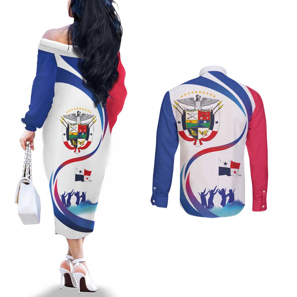 Panama Independence Day Couples Matching Off The Shoulder Long Sleeve Dress and Long Sleeve Button Shirt Coat of Arms and Freedom