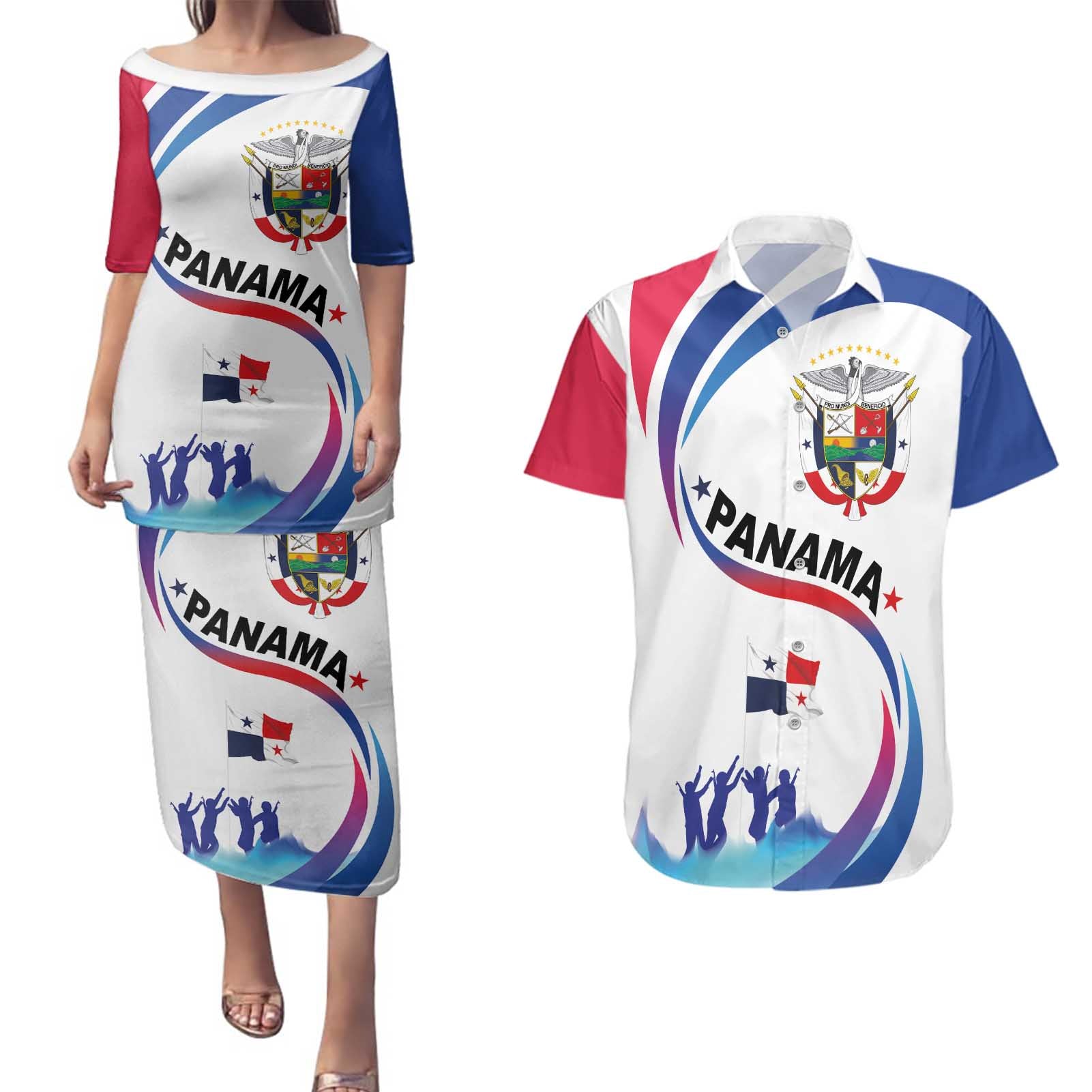 Panama Independence Day Couples Matching Puletasi and Hawaiian Shirt Coat of Arms and Freedom - Wonder Print Shop
