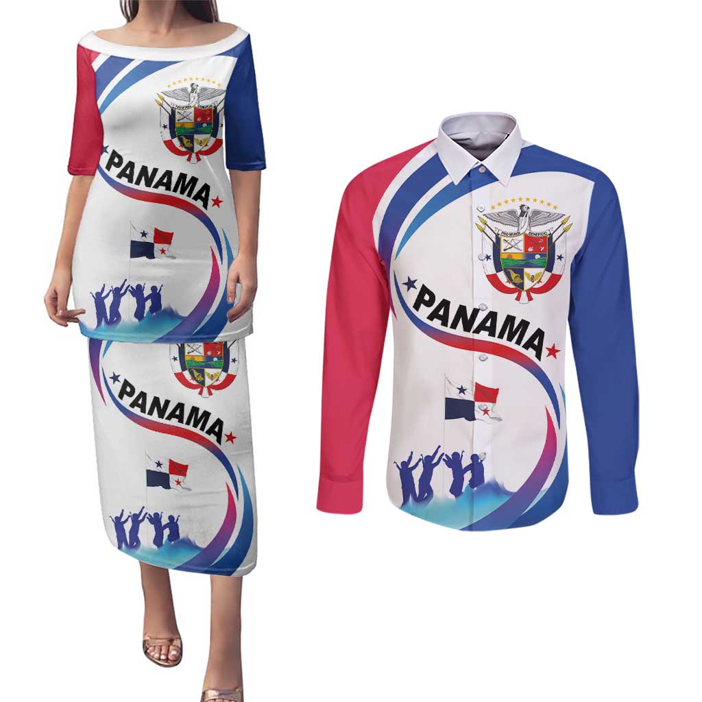 Panama Independence Day Couples Matching Puletasi and Long Sleeve Button Shirt Coat of Arms and Freedom - Wonder Print Shop