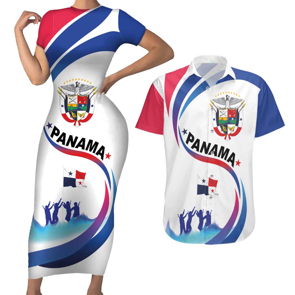 Panama Independence Day Couples Matching Short Sleeve Bodycon Dress and Hawaiian Shirt Coat of Arms and Freedom - Wonder Print Shop