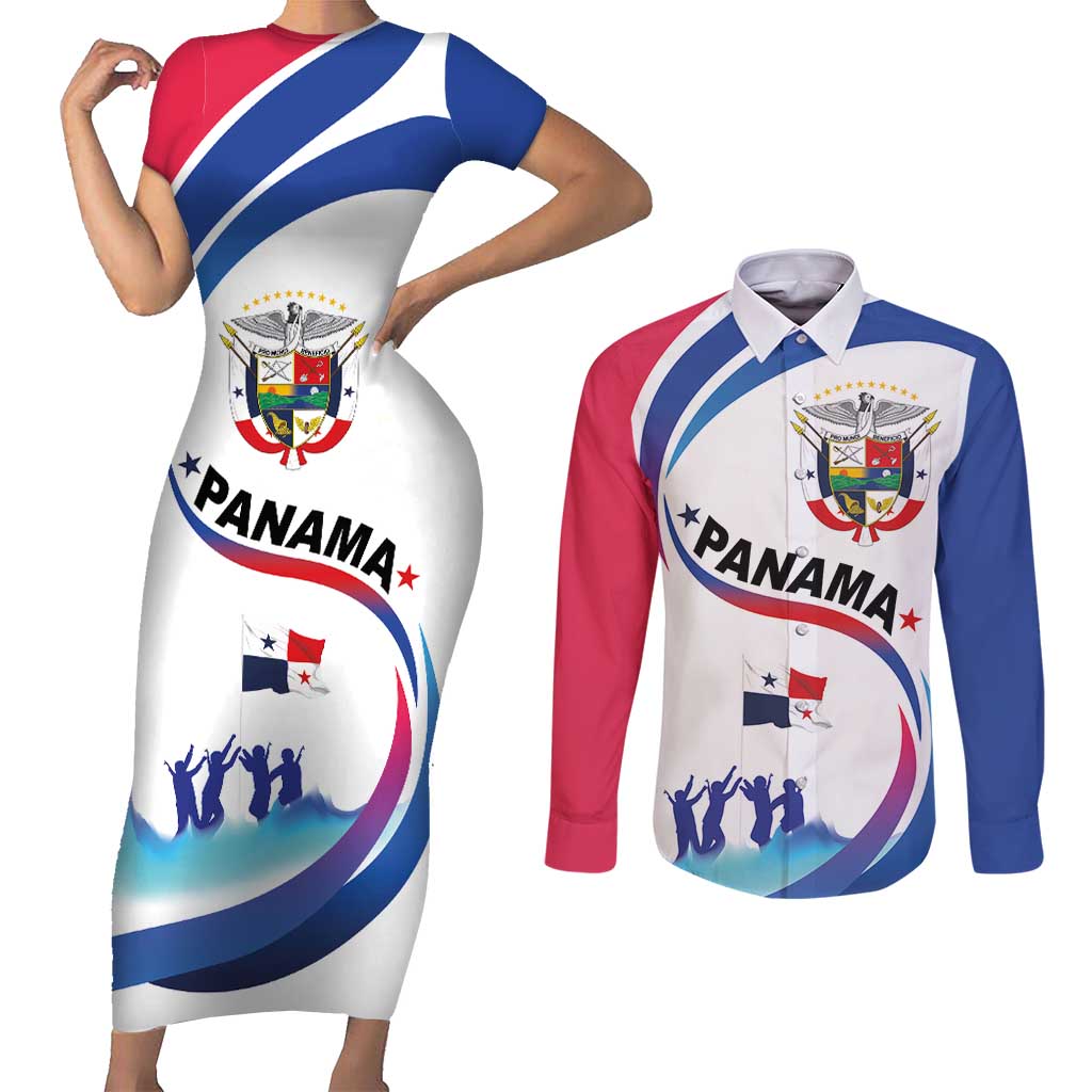 Panama Independence Day Couples Matching Short Sleeve Bodycon Dress and Long Sleeve Button Shirt Coat of Arms and Freedom - Wonder Print Shop