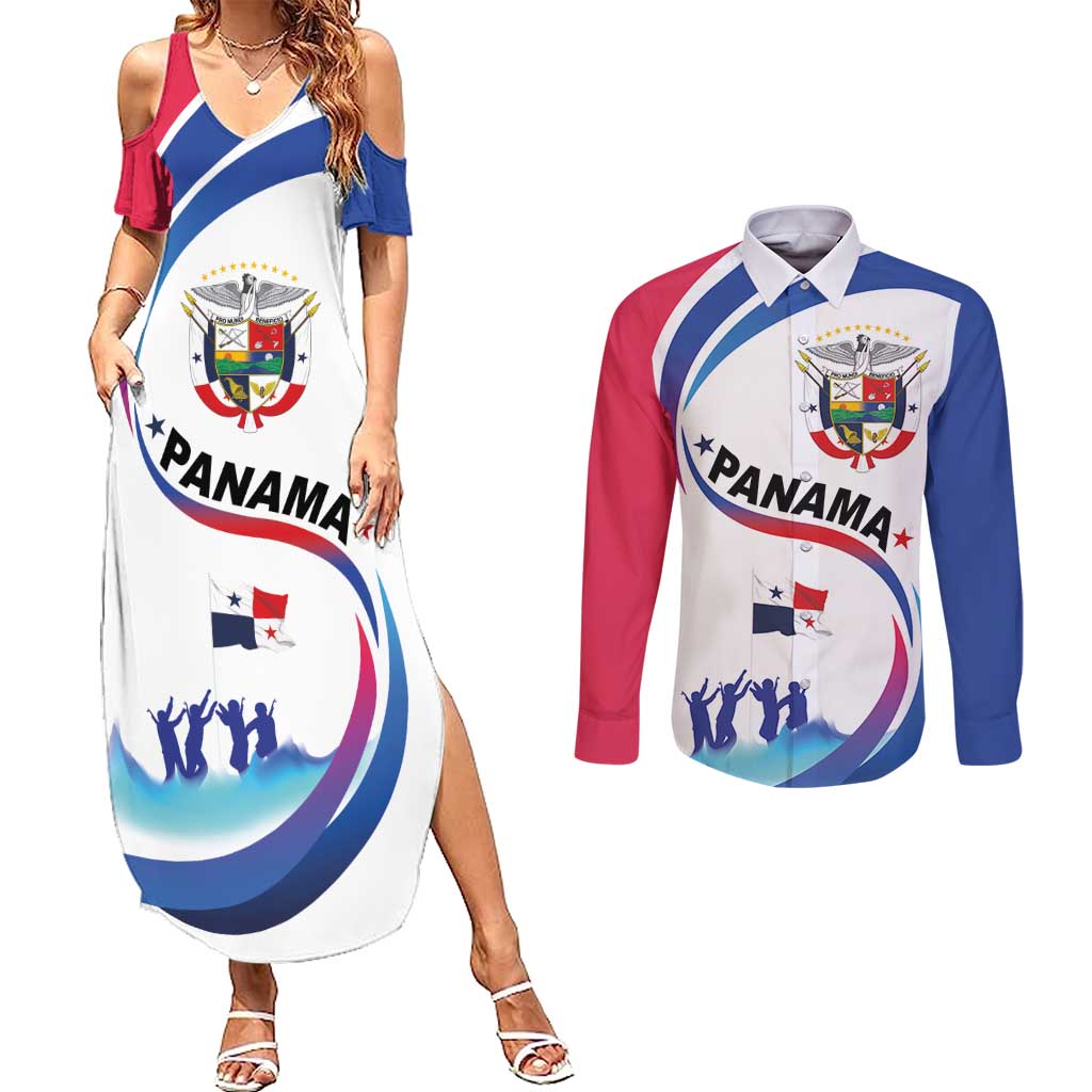 Panama Independence Day Couples Matching Summer Maxi Dress and Long Sleeve Button Shirt Coat of Arms and Freedom - Wonder Print Shop