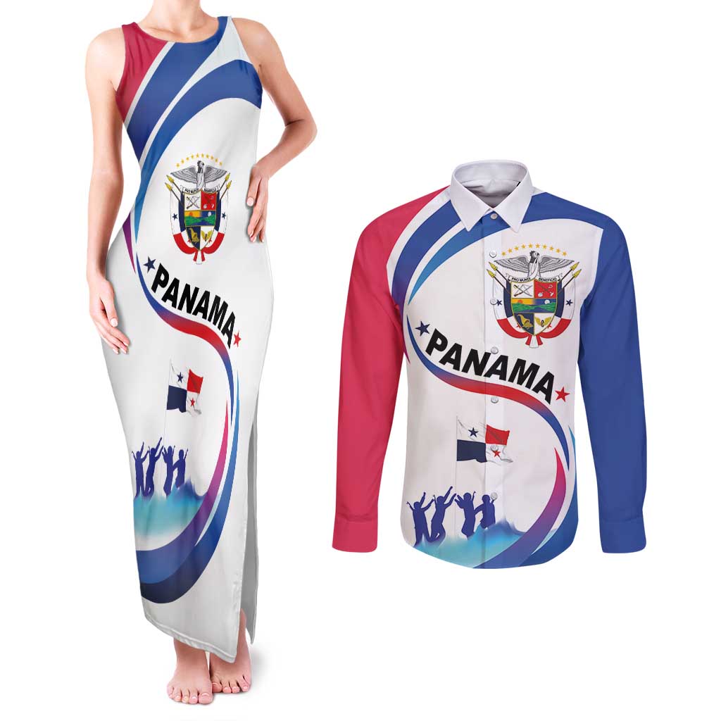 Panama Independence Day Couples Matching Tank Maxi Dress and Long Sleeve Button Shirt Coat of Arms and Freedom - Wonder Print Shop