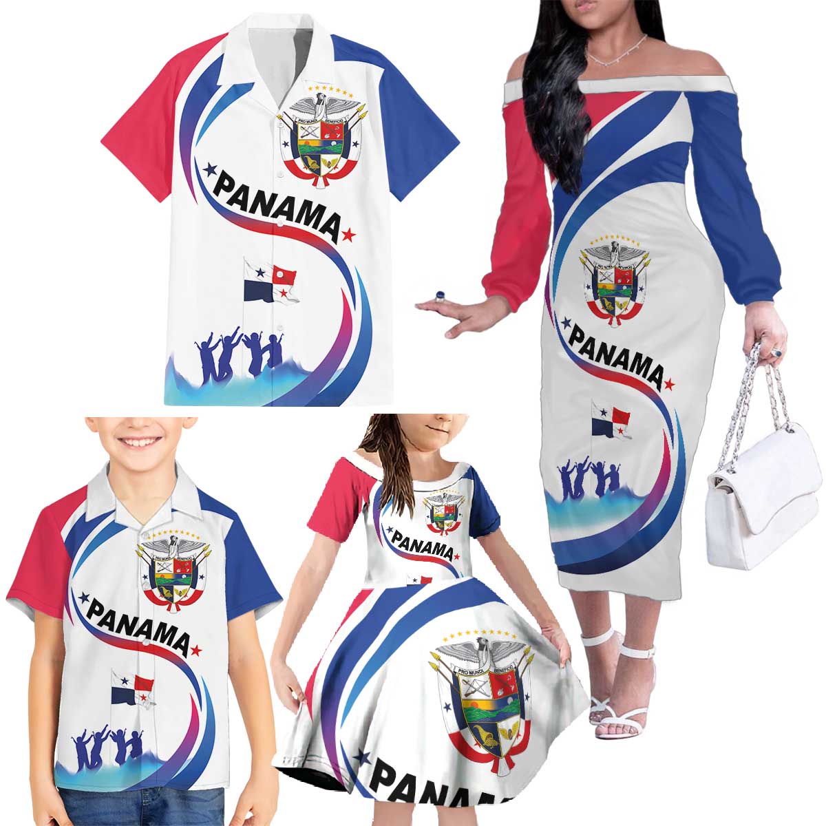 Panama Independence Day Family Matching Off The Shoulder Long Sleeve Dress and Hawaiian Shirt Coat of Arms and Freedom - Wonder Print Shop