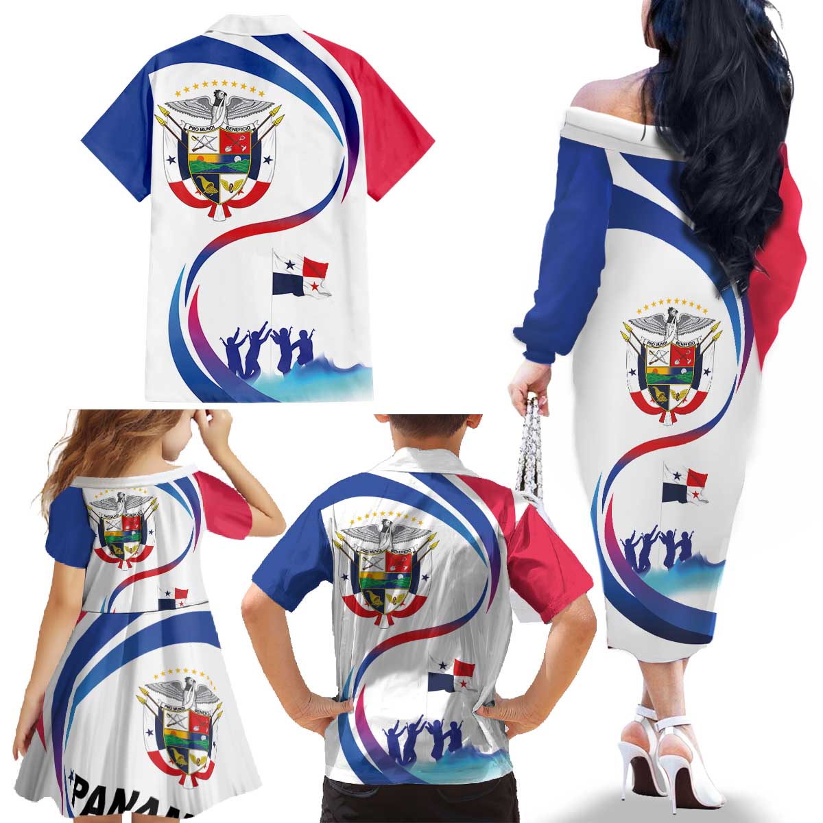 Panama Independence Day Family Matching Off The Shoulder Long Sleeve Dress and Hawaiian Shirt Coat of Arms and Freedom - Wonder Print Shop