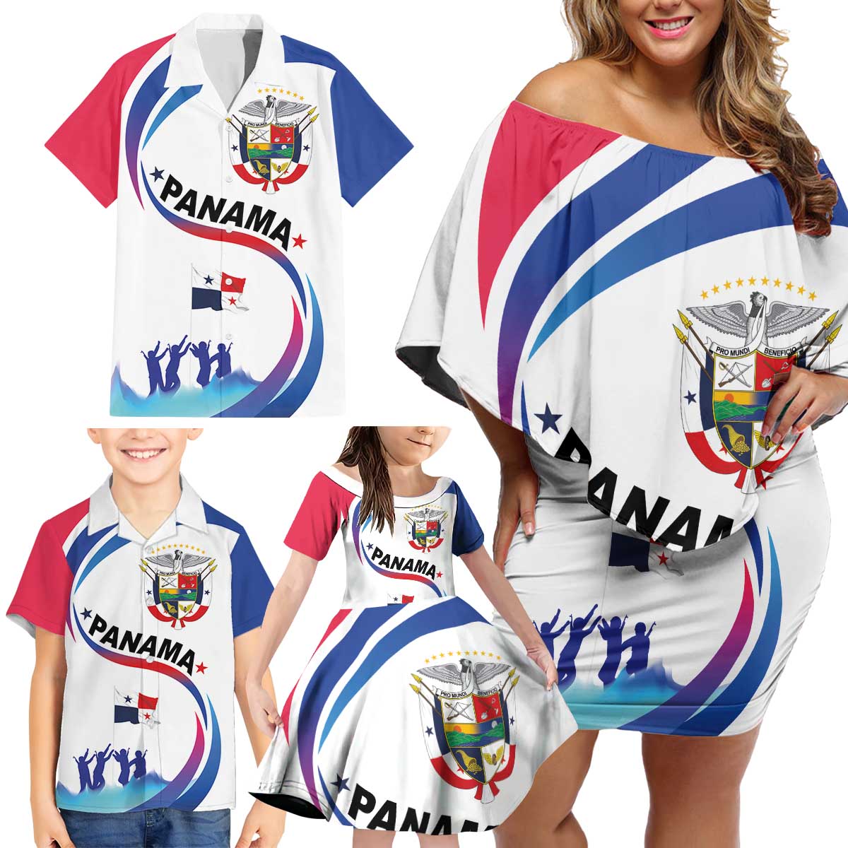 Panama Independence Day Family Matching Off Shoulder Short Dress and Hawaiian Shirt Coat of Arms and Freedom - Wonder Print Shop