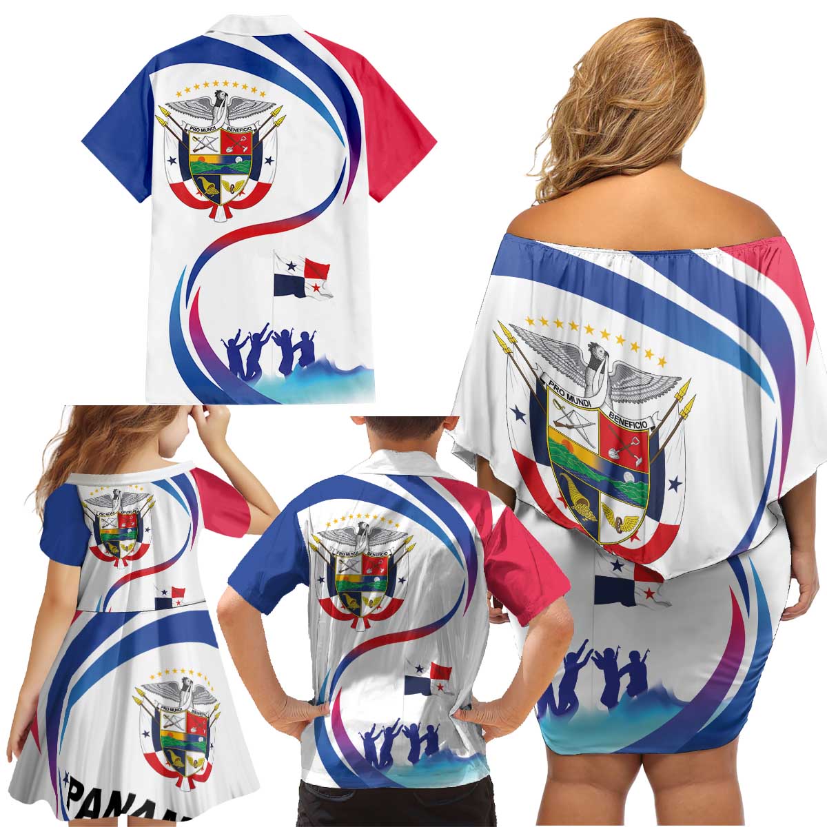 Panama Independence Day Family Matching Off Shoulder Short Dress and Hawaiian Shirt Coat of Arms and Freedom - Wonder Print Shop