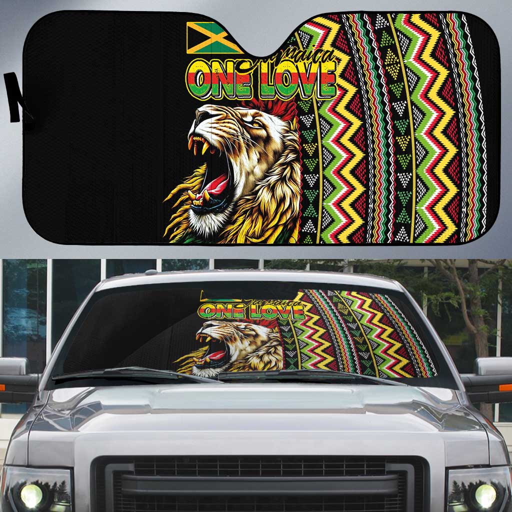 Jamaican Reggae-One Love Auto Sun Shade Tribal African Pattern and Roaring Lion - Wonder Print Shop