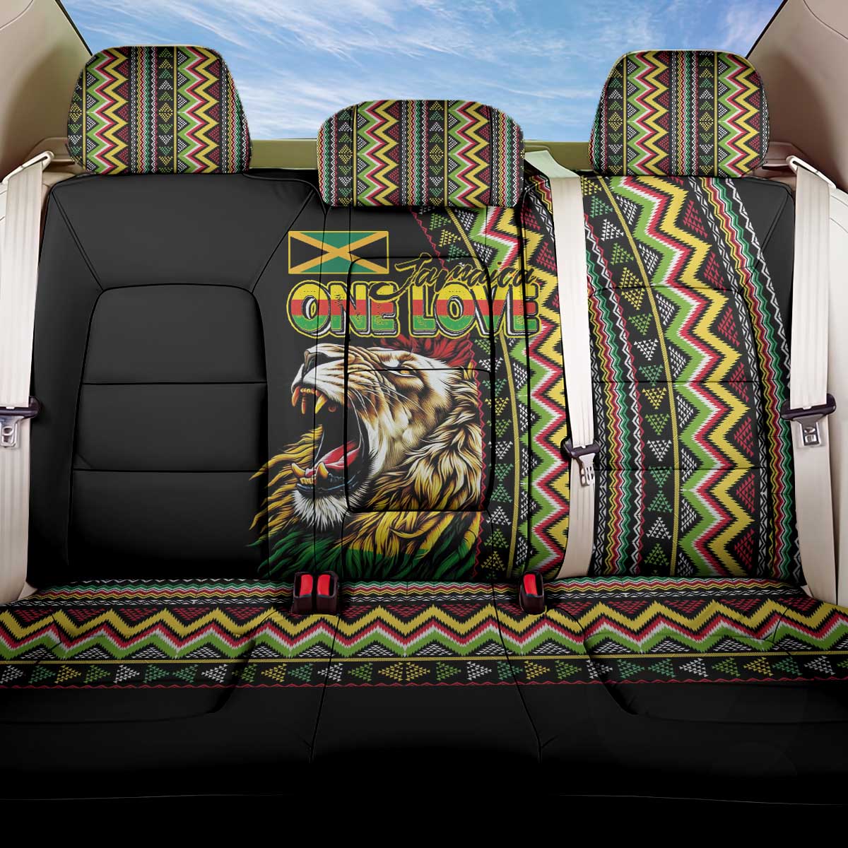 Jamaican Reggae-One Love Back Car Seat Cover Tribal African Pattern and Roaring Lion - Wonder Print Shop