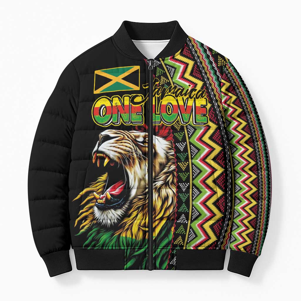 Personalized Jamaican Reggae-One Love Bomber Puffer Jacket Tribal African Pattern and Roaring Lion - Wonder Print Shop