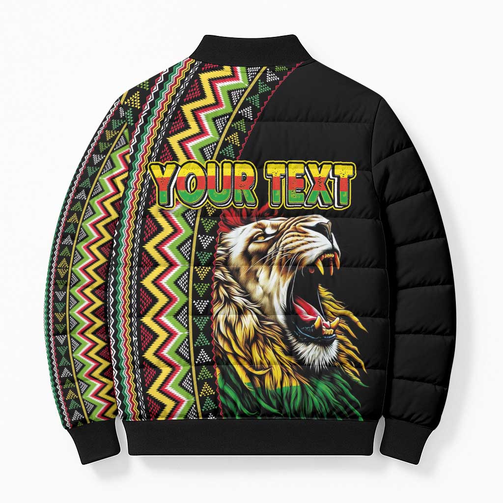 Personalized Jamaican Reggae-One Love Bomber Puffer Jacket Tribal African Pattern and Roaring Lion - Wonder Print Shop