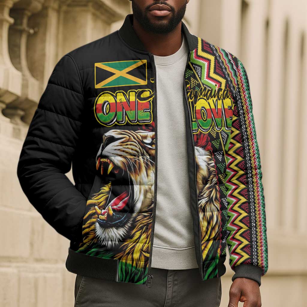 Personalized Jamaican Reggae-One Love Bomber Puffer Jacket Tribal African Pattern and Roaring Lion - Wonder Print Shop
