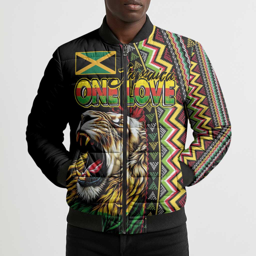 Personalized Jamaican Reggae-One Love Bomber Puffer Jacket Tribal African Pattern and Roaring Lion - Wonder Print Shop
