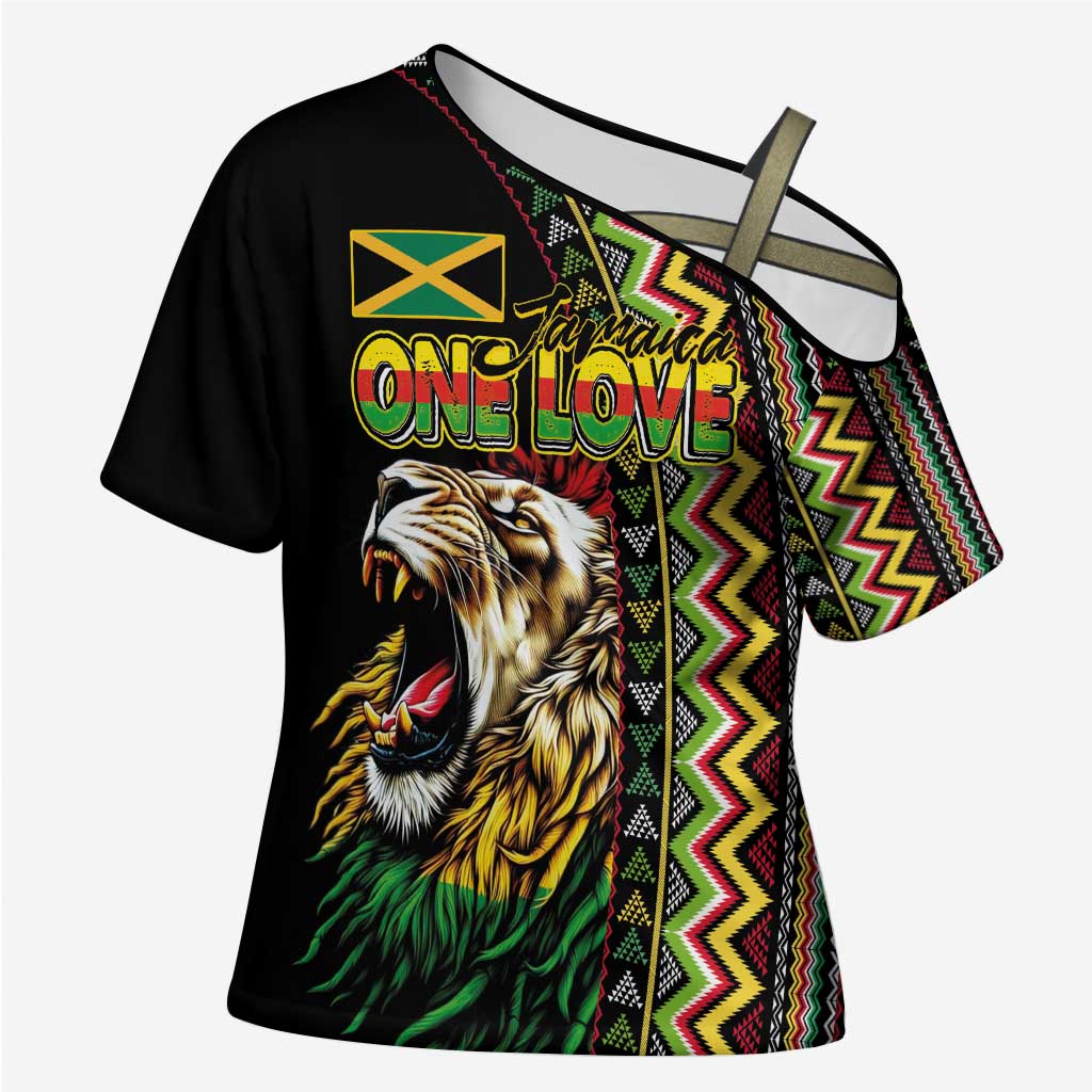 Personalized Jamaican Reggae-One Love Cross Shoulder Shirt Tribal African Pattern and Roaring Lion - Wonder Print Shop