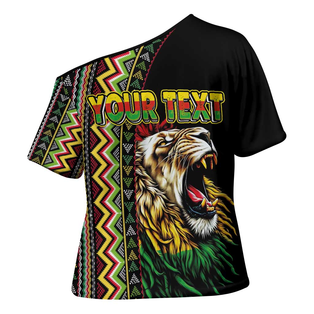 Personalized Jamaican Reggae-One Love Cross Shoulder Shirt Tribal African Pattern and Roaring Lion - Wonder Print Shop