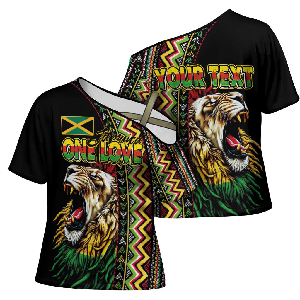 Personalized Jamaican Reggae-One Love Cross Shoulder Shirt Tribal African Pattern and Roaring Lion - Wonder Print Shop
