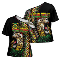 Personalized Jamaican Reggae-One Love Cross Shoulder Shirt Tribal African Pattern and Roaring Lion - Wonder Print Shop
