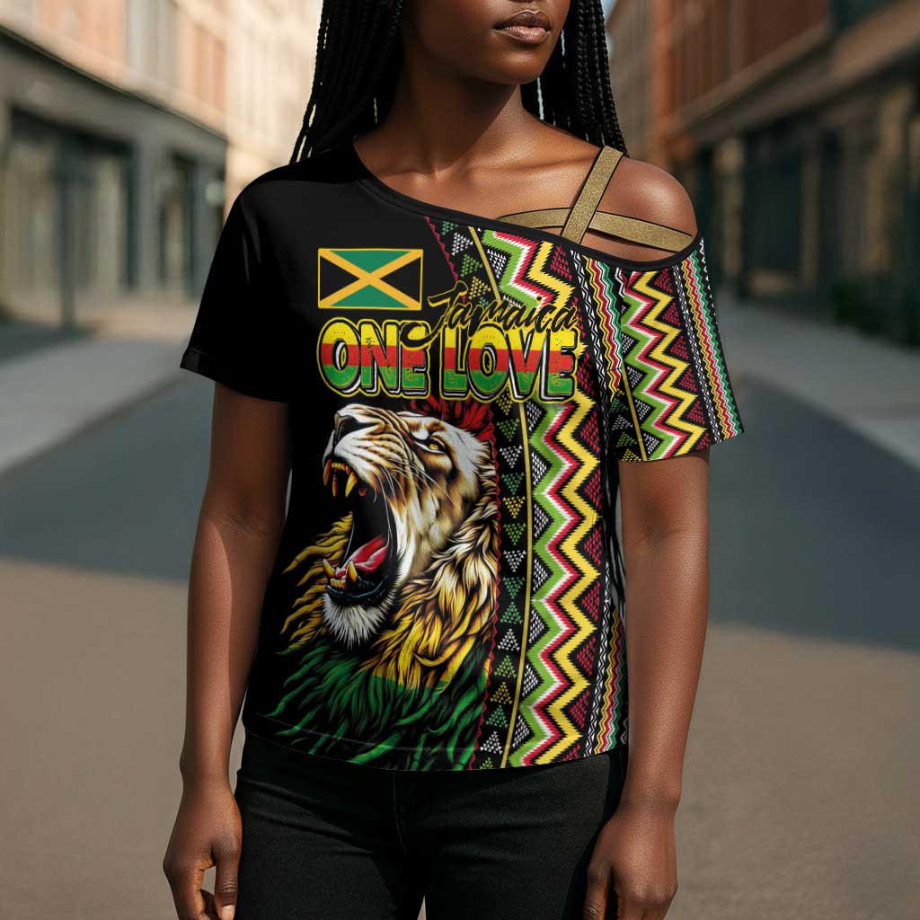 Personalized Jamaican Reggae-One Love Cross Shoulder Shirt Tribal African Pattern and Roaring Lion - Wonder Print Shop