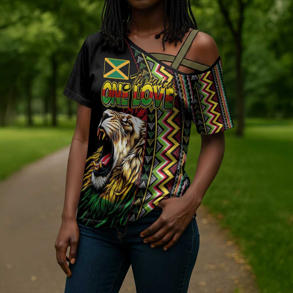 Personalized Jamaican Reggae-One Love Cross Shoulder Shirt Tribal African Pattern and Roaring Lion - Wonder Print Shop