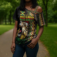 Personalized Jamaican Reggae-One Love Cross Shoulder Shirt Tribal African Pattern and Roaring Lion - Wonder Print Shop