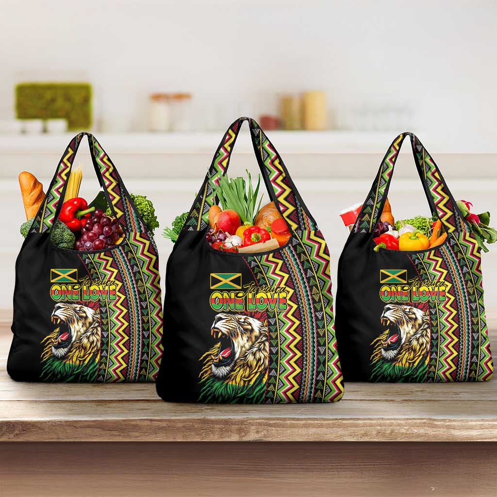 Jamaican Reggae-One Love Grocery Bag Tribal African Pattern and Roaring Lion - Wonder Print Shop