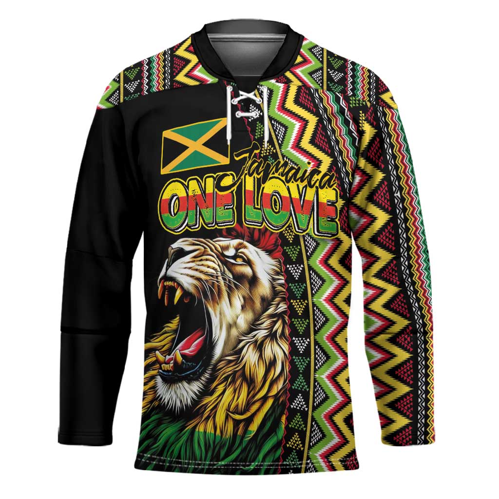 Personalized Jamaican Reggae-One Love Hockey Jersey Tribal African Pattern and Roaring Lion - Wonder Print Shop