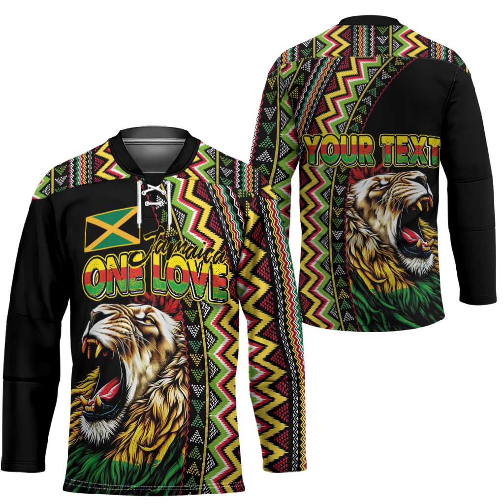 Personalized Jamaican Reggae-One Love Hockey Jersey Tribal African Pattern and Roaring Lion - Wonder Print Shop