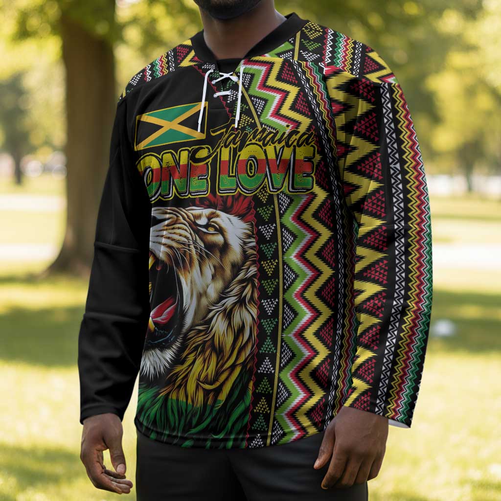 Personalized Jamaican Reggae-One Love Hockey Jersey Tribal African Pattern and Roaring Lion - Wonder Print Shop