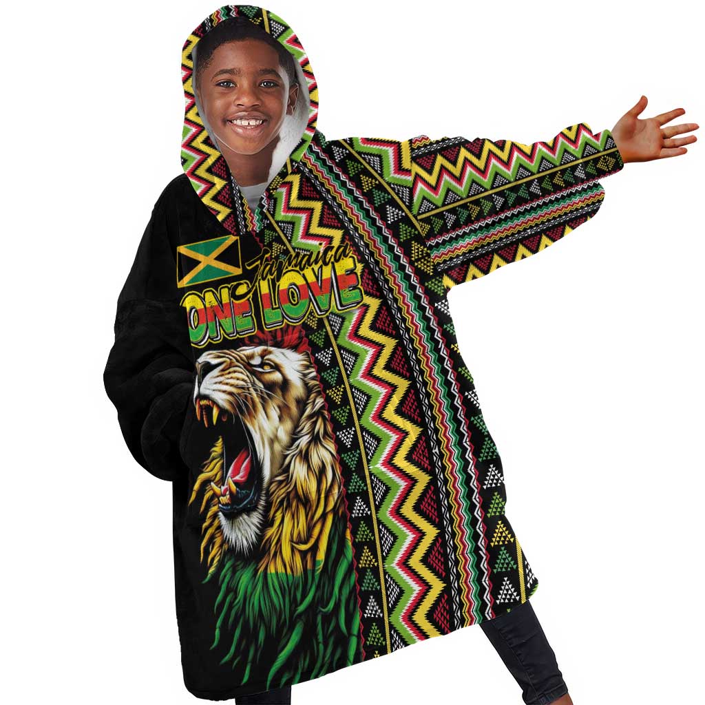 Personalized Jamaican Reggae-One Love Kid Wearable Blanket Hoodie Tribal African Pattern and Roaring Lion - Wonder Print Shop