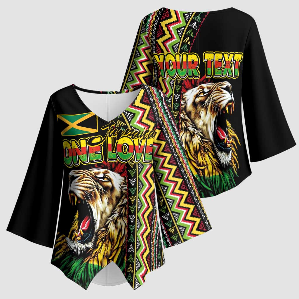 Personalized Jamaican Reggae-One Love Kimono Sleeve Blouse Tribal African Pattern and Roaring Lion - Wonder Print Shop
