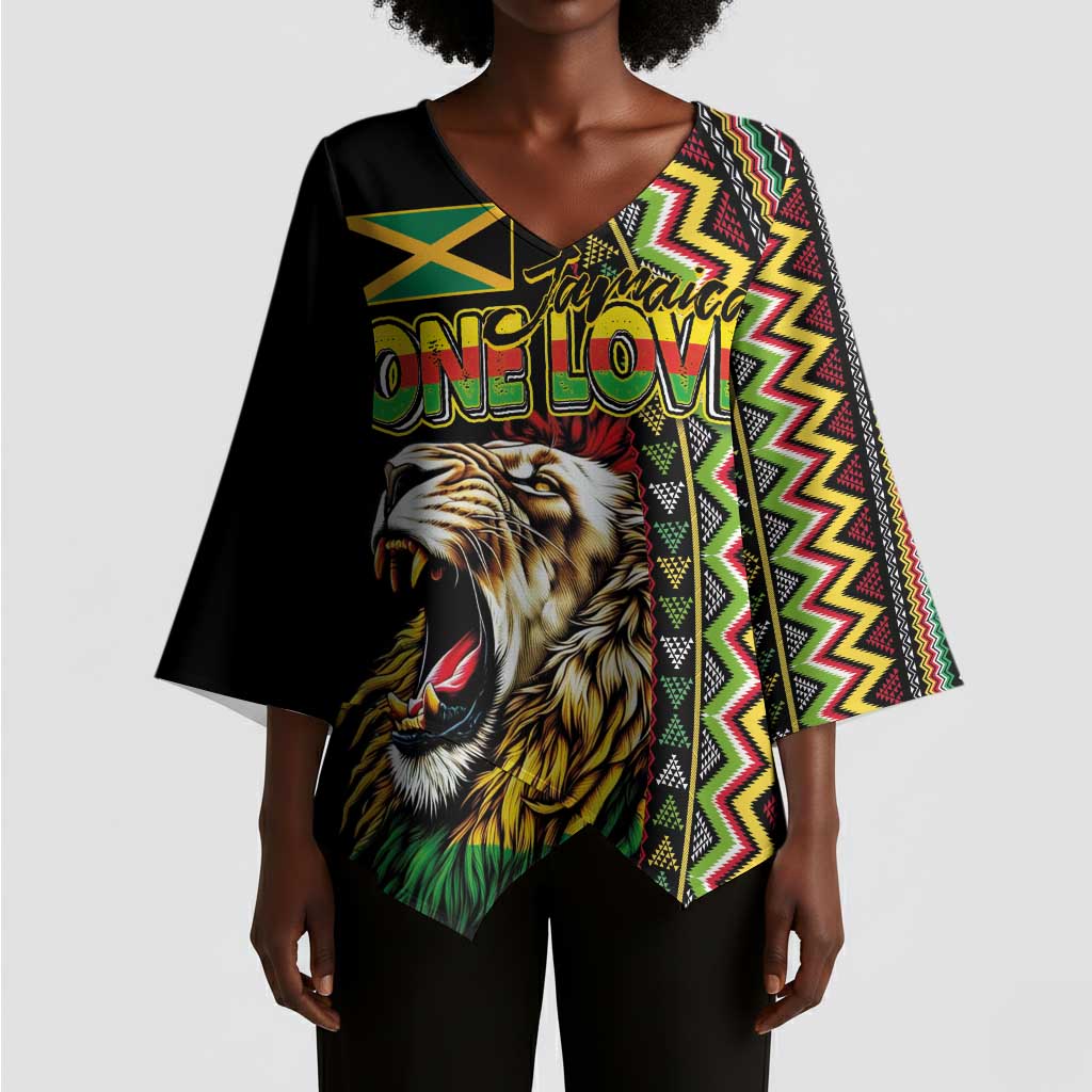 Personalized Jamaican Reggae-One Love Kimono Sleeve Blouse Tribal African Pattern and Roaring Lion - Wonder Print Shop