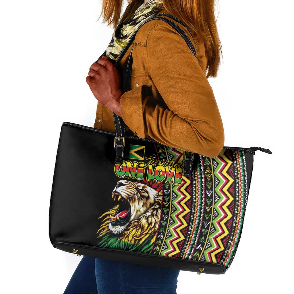 Jamaican Reggae-One Love Leather Tote Bag Tribal African Pattern and Roaring Lion - Wonder Print Shop