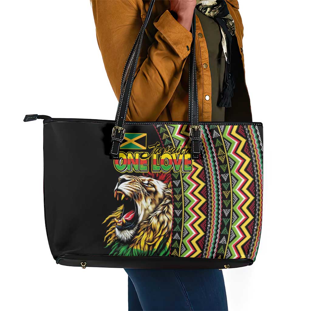 Jamaican Reggae-One Love Leather Tote Bag Tribal African Pattern and Roaring Lion - Wonder Print Shop