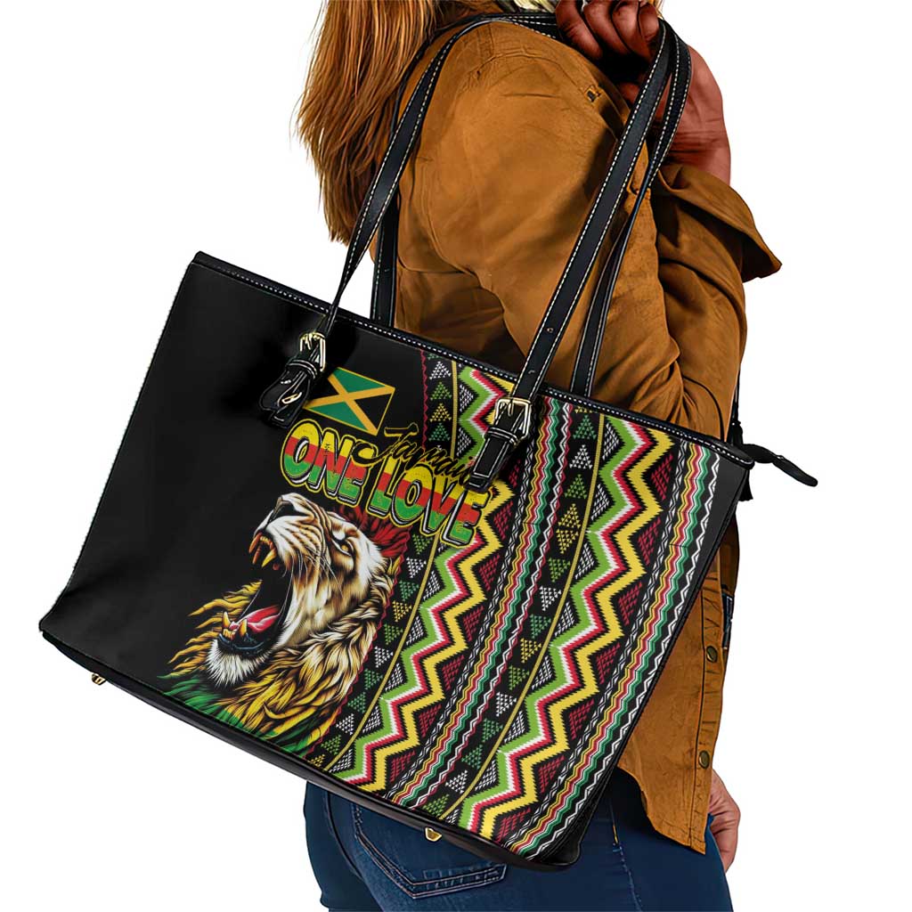 Jamaican Reggae-One Love Leather Tote Bag Tribal African Pattern and Roaring Lion - Wonder Print Shop