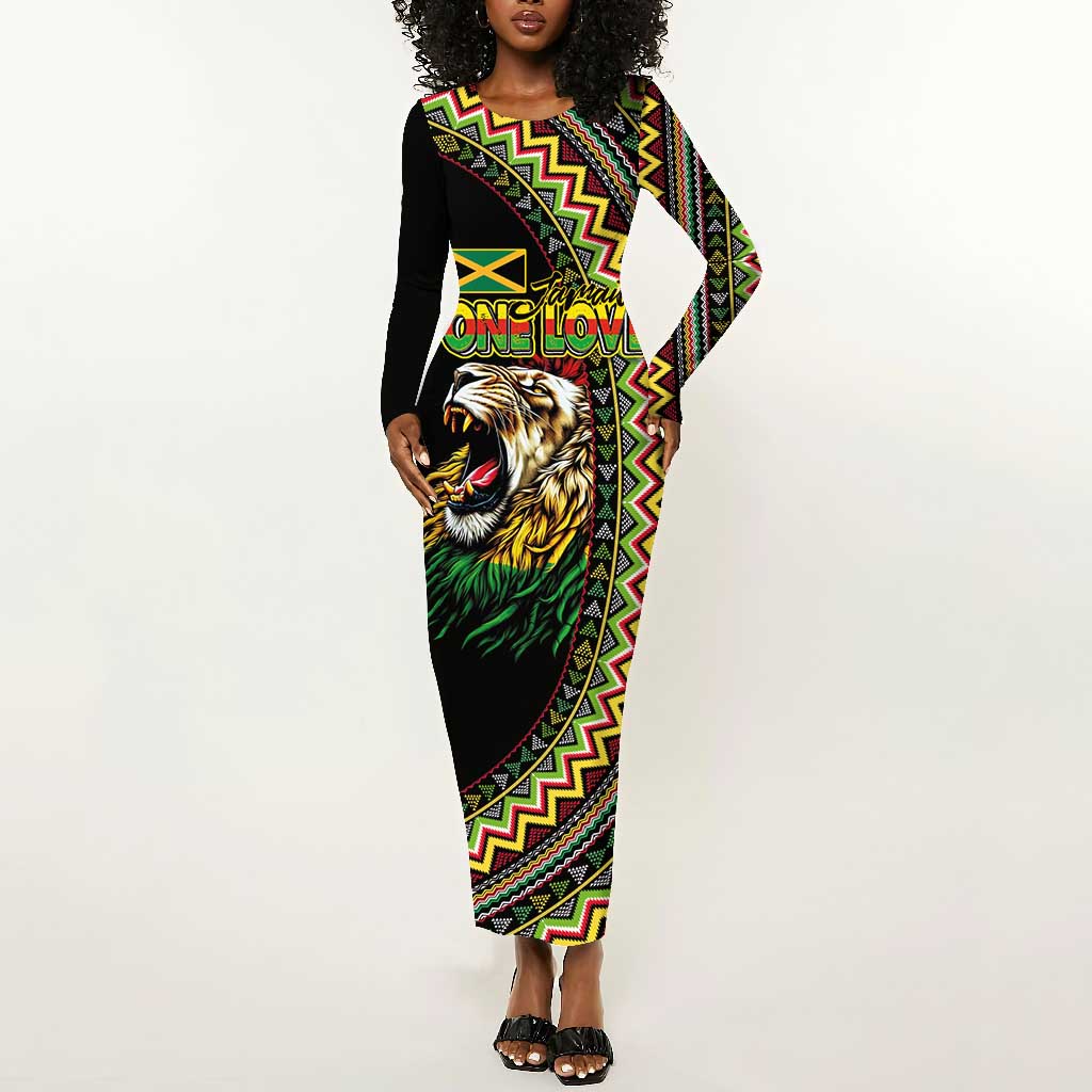 Personalized Jamaican Reggae-One Love Long Sleeve Bodycon Dress Tribal African Pattern and Roaring Lion - Wonder Print Shop