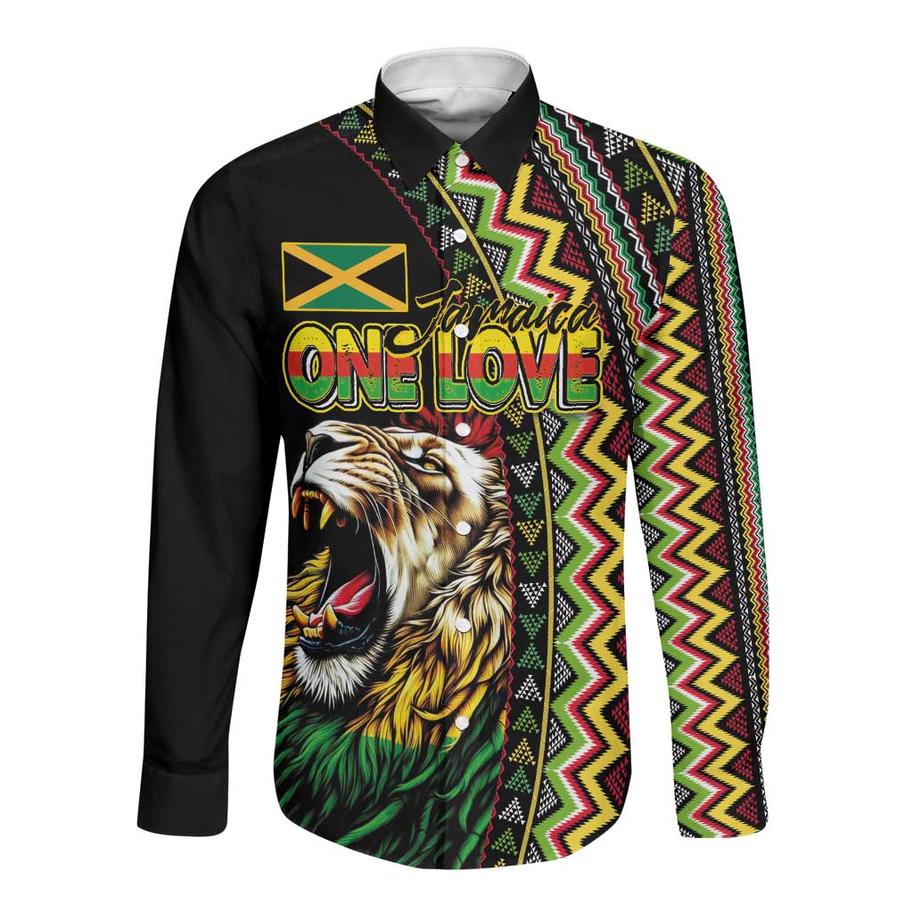 Personalized Jamaican Reggae-One Love Long Sleeve Button Shirt Tribal African Pattern and Roaring Lion - Wonder Print Shop