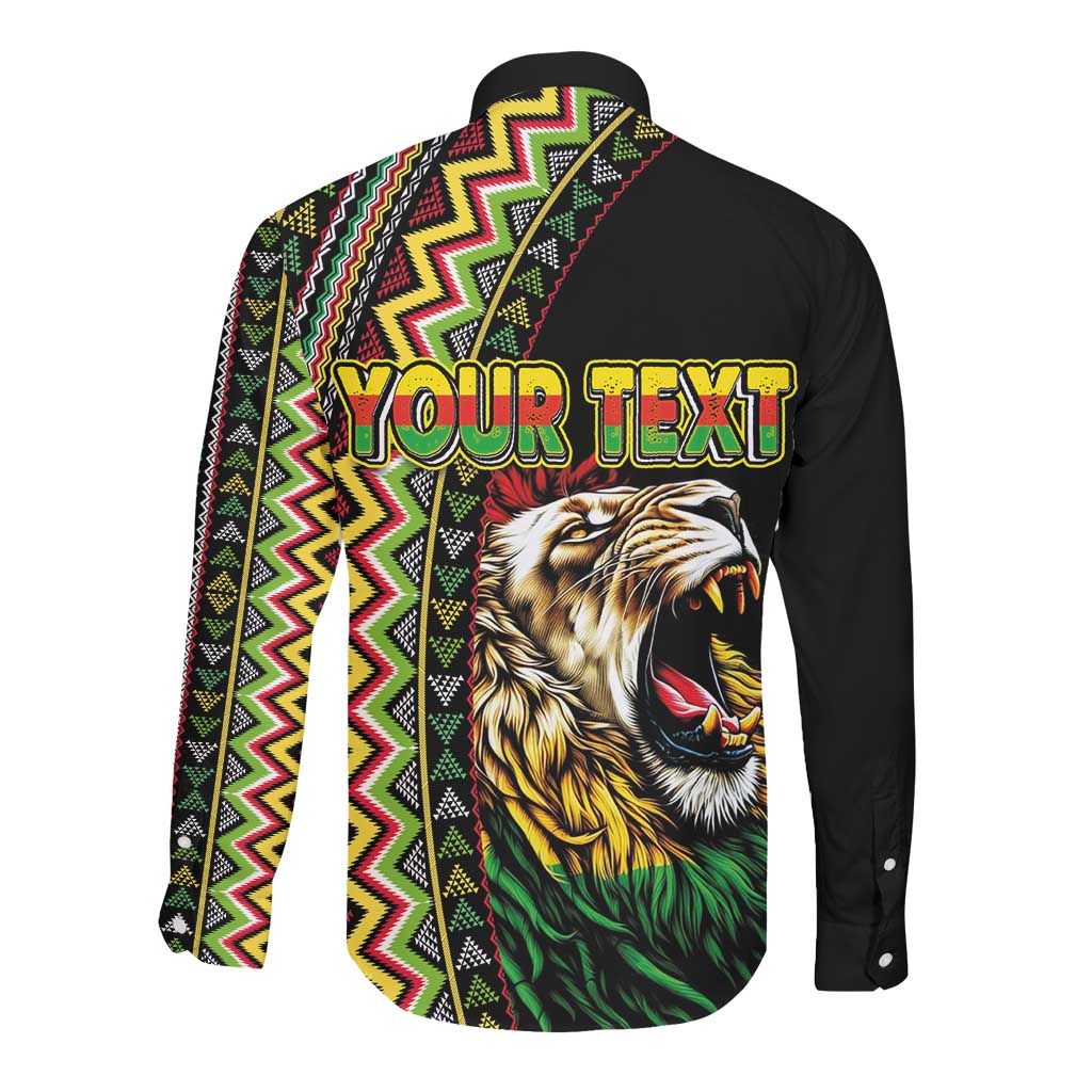 Personalized Jamaican Reggae-One Love Long Sleeve Button Shirt Tribal African Pattern and Roaring Lion - Wonder Print Shop