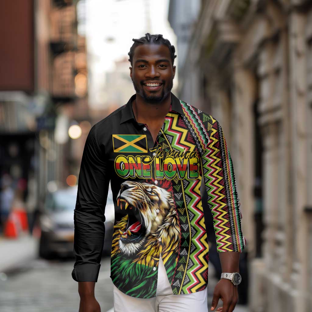 Personalized Jamaican Reggae-One Love Long Sleeve Button Shirt Tribal African Pattern and Roaring Lion - Wonder Print Shop