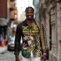 Personalized Jamaican Reggae-One Love Long Sleeve Button Shirt Tribal African Pattern and Roaring Lion - Wonder Print Shop