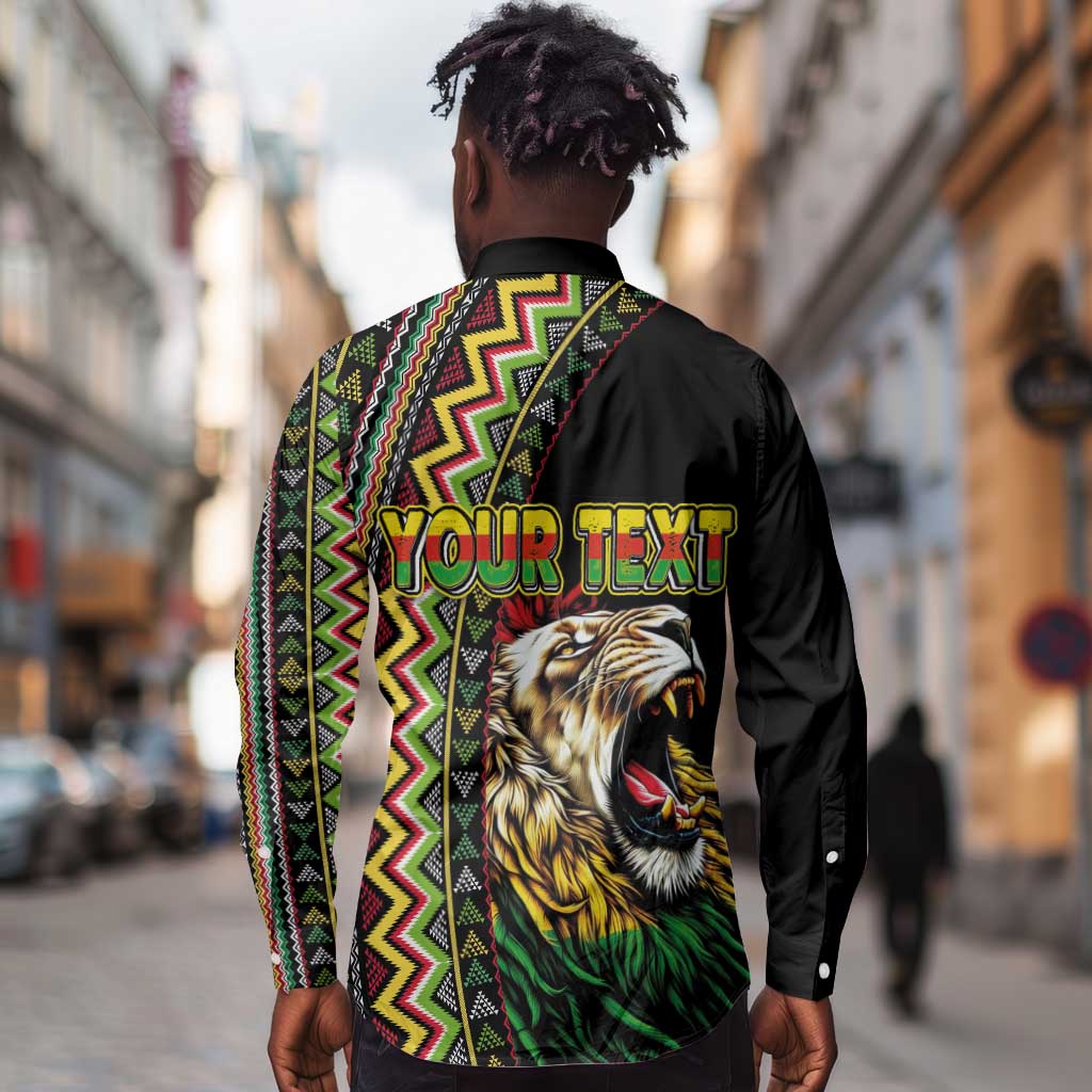 Personalized Jamaican Reggae-One Love Long Sleeve Button Shirt Tribal African Pattern and Roaring Lion - Wonder Print Shop