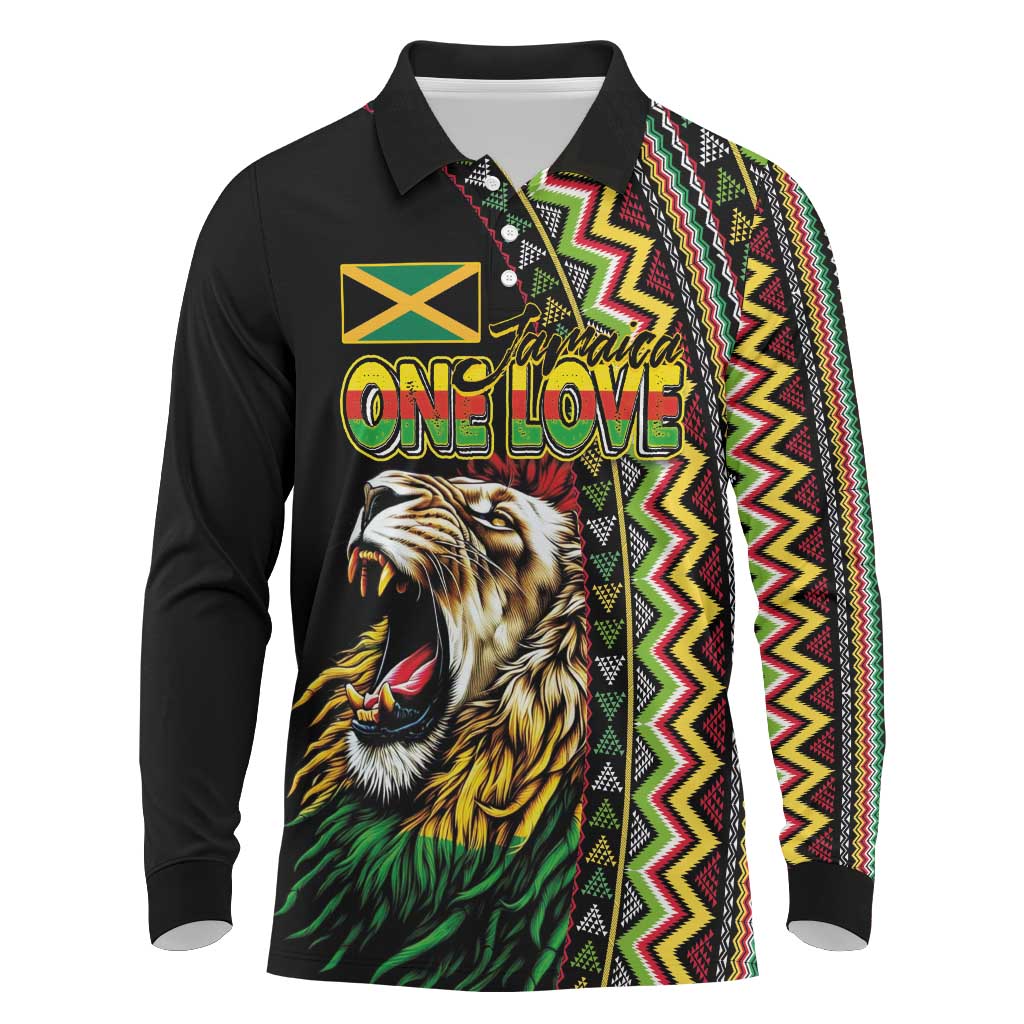 Personalized Jamaican Reggae-One Love Long Sleeve Polo Shirt Tribal African Pattern and Roaring Lion - Wonder Print Shop