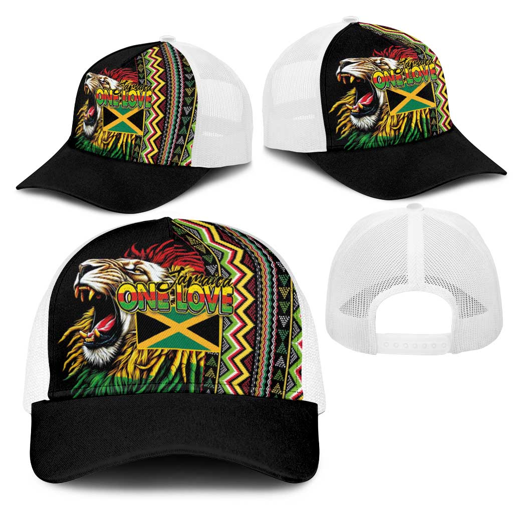 Jamaican Reggae-One Love Mesh Trucker Cap Tribal African Pattern and Roaring Lion - Wonder Print Shop