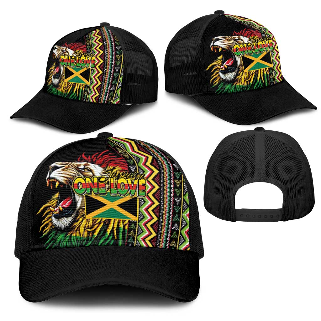 Jamaican Reggae-One Love Mesh Trucker Cap Tribal African Pattern and Roaring Lion - Wonder Print Shop
